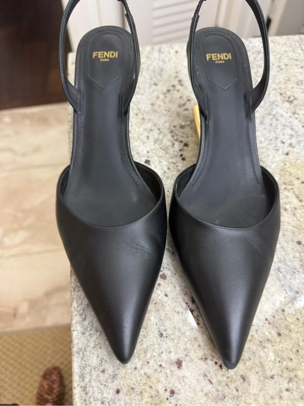 Fendi Black Leather Slingbacks with Gold F Sculptural Heel Accents